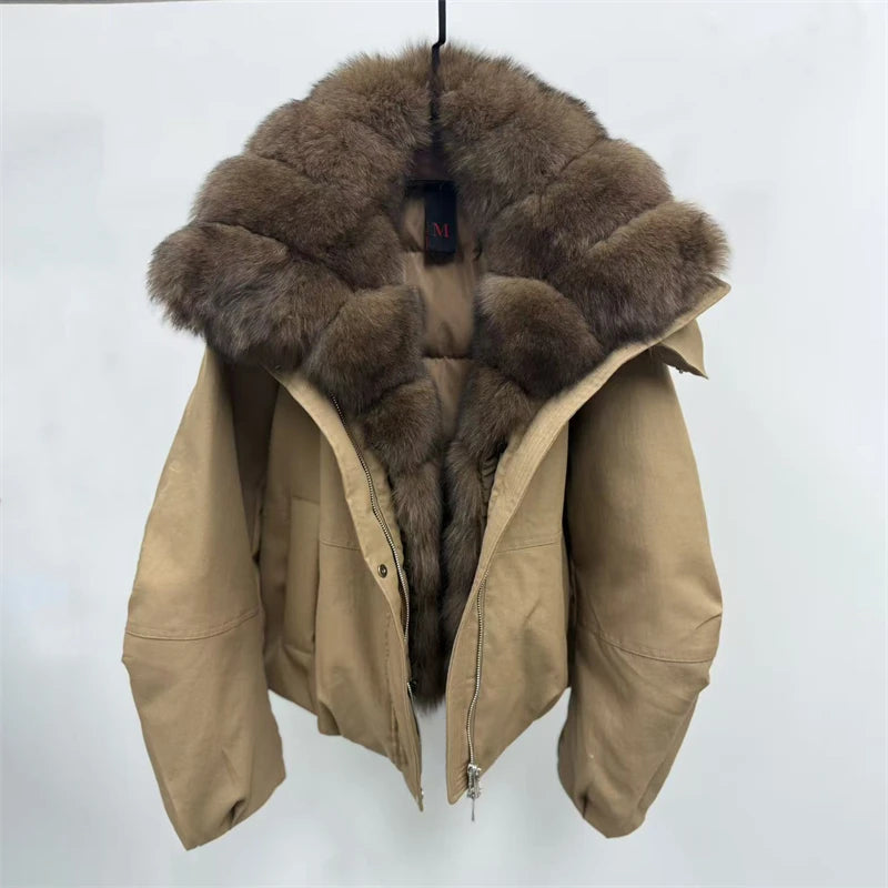 Winter 2025 Women's Fox Fur Collar Hooded down Jacket Y2K High Quality Short Fashion Casual Loose Versatile Warm Outerwear