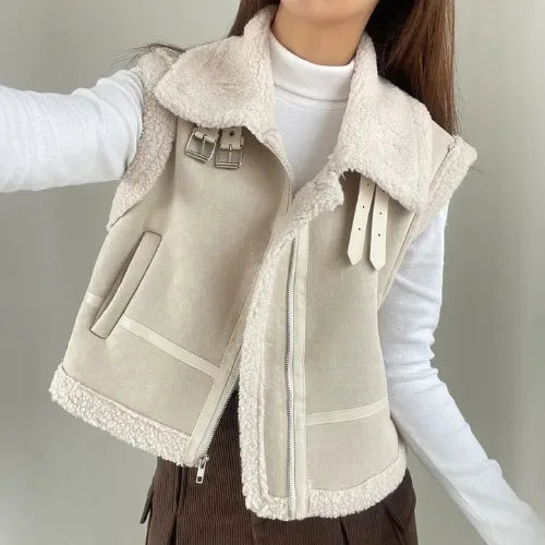 Women's Suede Vest Jaet Winter New Korean Version Retro Collar Fur Inteated Loose Match All Lapel Zipper Closure Color