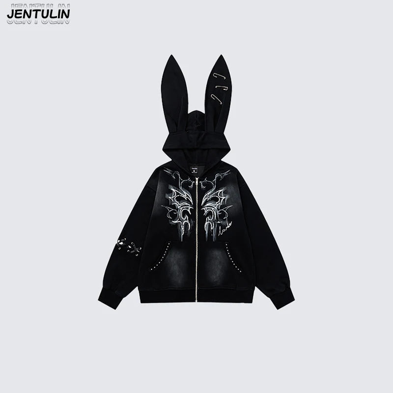 Harajuku Men Y2k Women Dark Subculture Rabbit Ear Hooded Jacket Thorny Butterfly Print Rivet Gradient Loose Hoodie Unisex