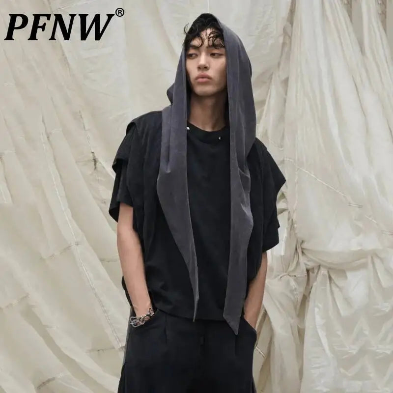 PFNW Fashionable Vintage Hooded Shawl T Shirt Men's Patchwork Loose Short Sleeve Tops 2026 Summer New 28L2329