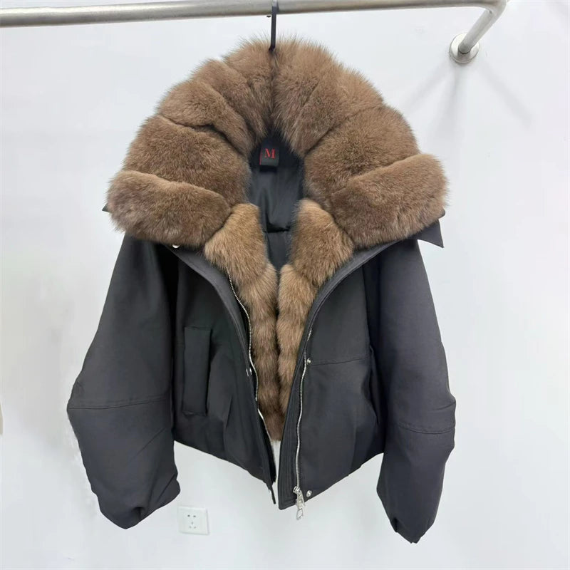 Winter 2025 Women's Fox Fur Collar Hooded down Jacket Y2K High Quality Short Fashion Casual Loose Versatile Warm Outerwear