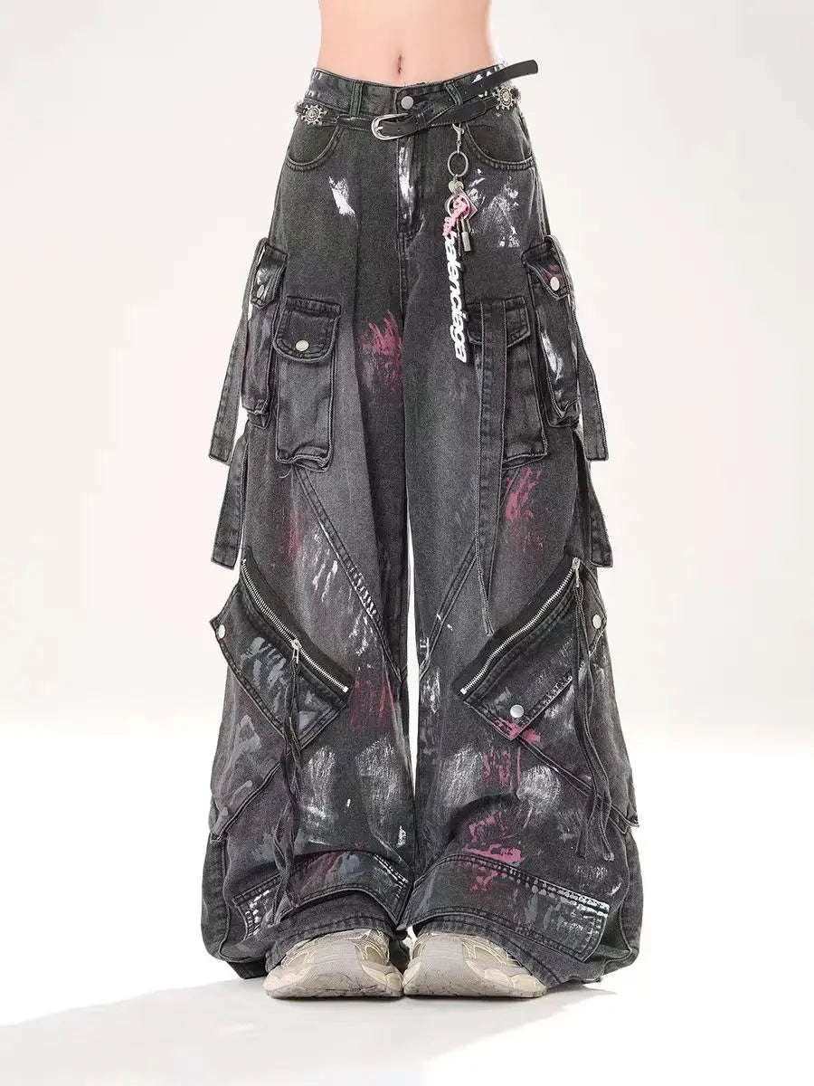 American 2000s Heavy Industry Y2K Harajuku Gothic Multi-Pocket Washed Black Jeans Men And Women Oversize Hip Hop Wide Leg Pants