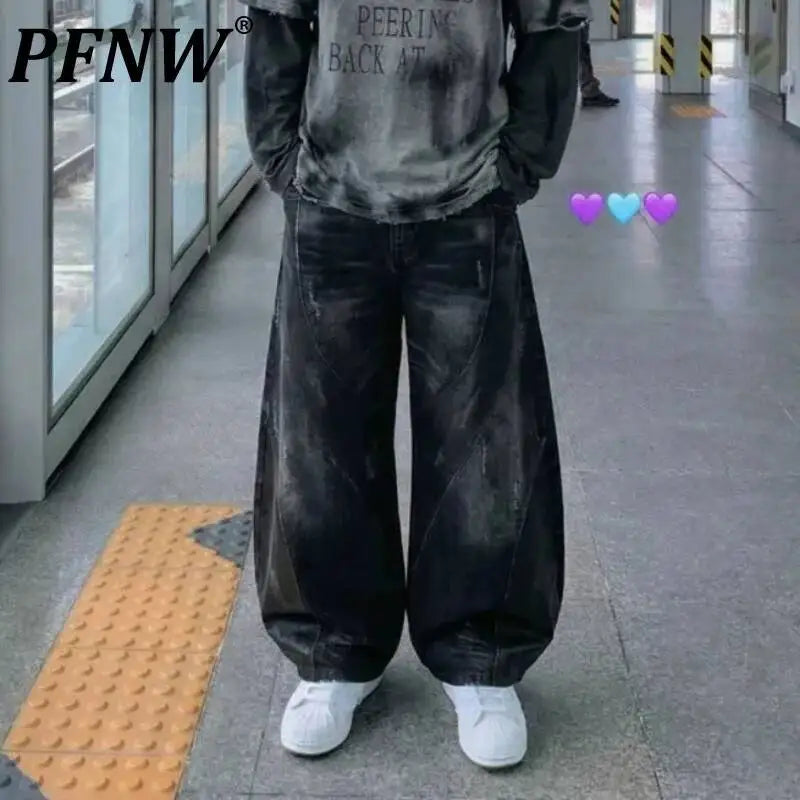 PFNW Street Style Distressed Patchwork Curved Jeans Men's Fashionable Loose Wide Leg Pants 2026 Summer New 28L3113
