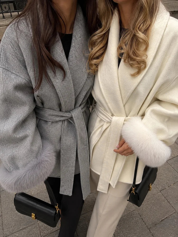Tossy Fox Fur Wool Overcoat Women's Short Coat Office Lady Elegant Double-sided Woolen Coat 2025 New Cardigan Jackets Loose Wool