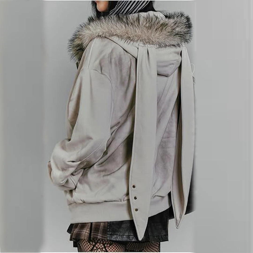 Women's retro washed fur collar Gothic star graphic loose Y2K street style hooded sweatshirt autumn and winter styles
