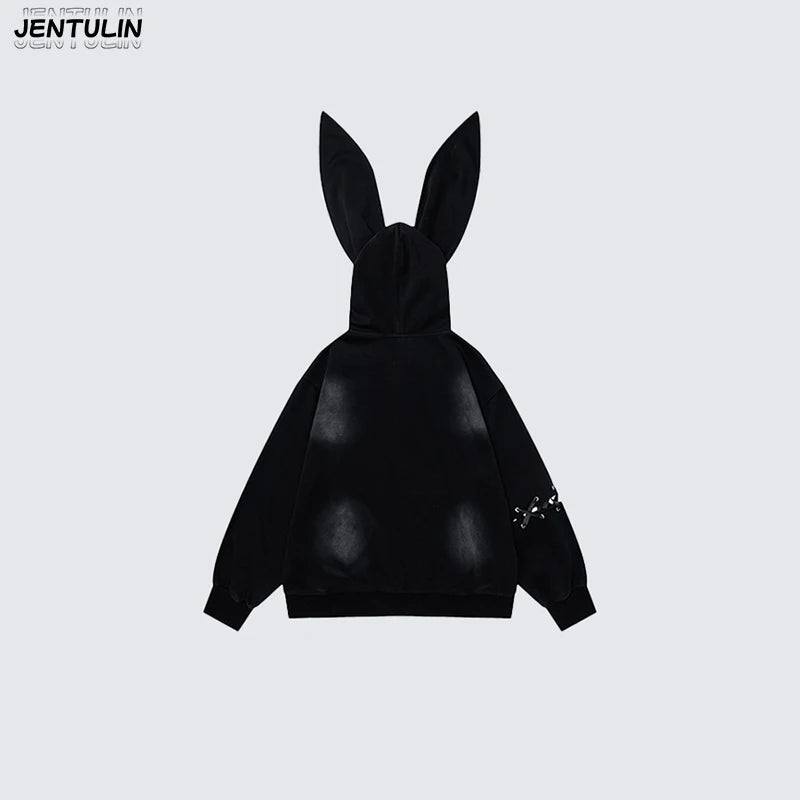 Harajuku Men Y2k Women Dark Subculture Rabbit Ear Hooded Jacket Thorny Butterfly Print Rivet Gradient Loose Hoodie Unisex