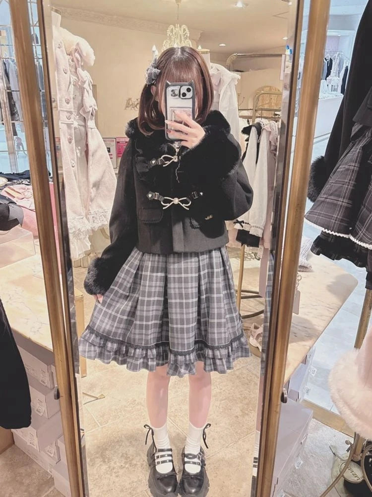 Japanese Fairy Furry Patchwork Hooded Jacket Harajuku Women Sweet Bow Grunge Coat 2025 Winter Y2k Aesthetic Ruffled Loose Coats