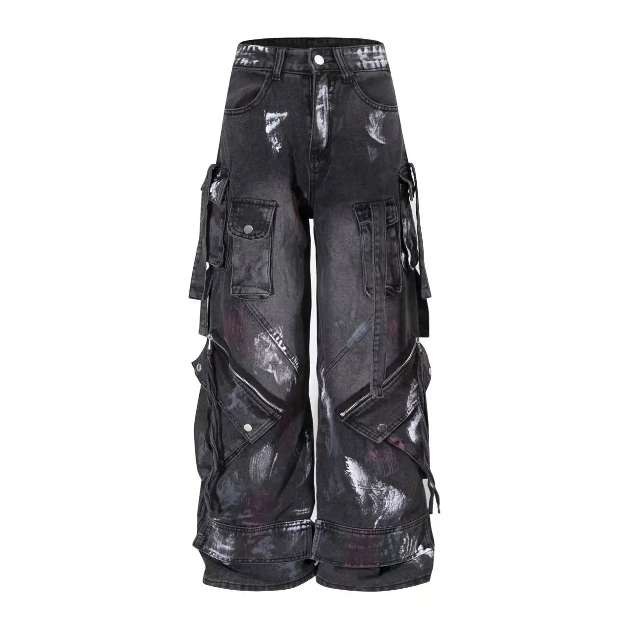 American 2000s Heavy Industry Y2K Harajuku Gothic Multi-Pocket Washed Black Jeans Men And Women Oversize Hip Hop Wide Leg Pants
