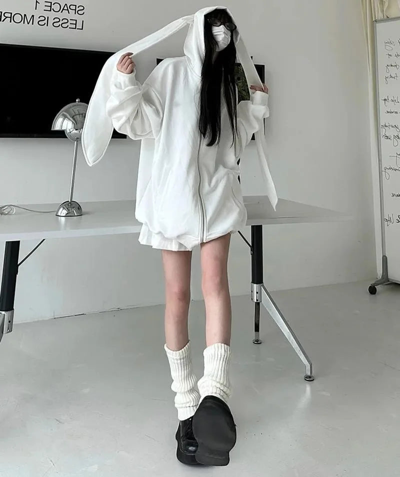 2025 Autumn Kawaii Bunny Big Extra Ears Hoodie Long Sleeve Hooded Sweatshirt Y2K Style Fashion Rabbit Oversized Zip-up Hoodies