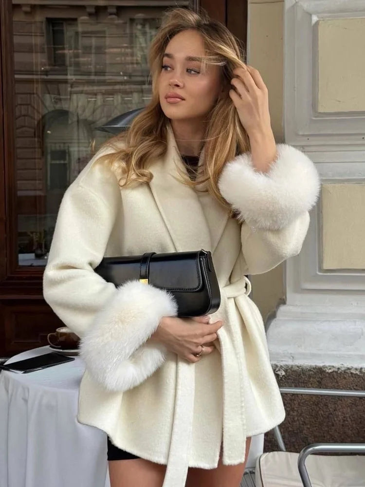 Tossy Fox Fur Wool Overcoat Women's Short Coat Office Lady Elegant Double-sided Woolen Coat 2025 New Cardigan Jackets Loose Wool