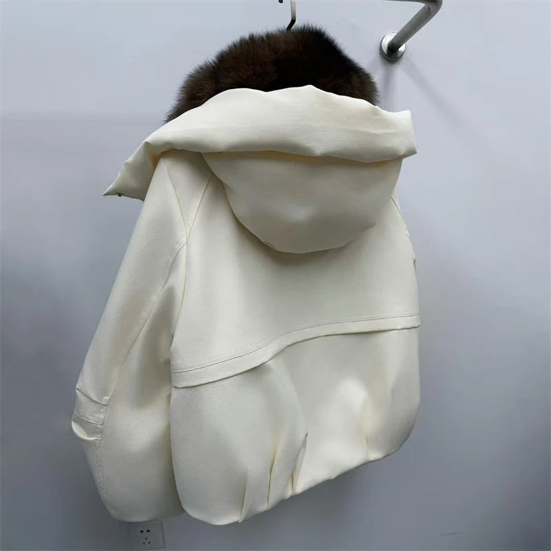 Winter 2025 Women's Fox Fur Collar Hooded down Jacket Y2K High Quality Short Fashion Casual Loose Versatile Warm Outerwear