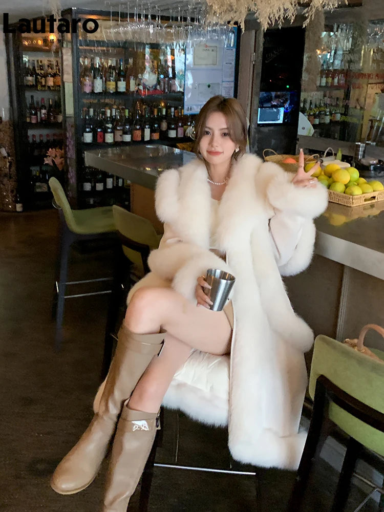 Lautaro Autumn Winter Luxury Thick Warm Long Faux Suede Patchwork Faux Fur Coat Women with Fake Fox Fur Trim Fluffy Overcoat