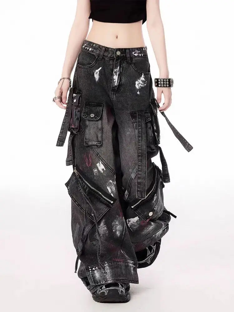 American 2000s Heavy Industry Y2K Harajuku Gothic Multi-Pocket Washed Black Jeans Men And Women Oversize Hip Hop Wide Leg Pants