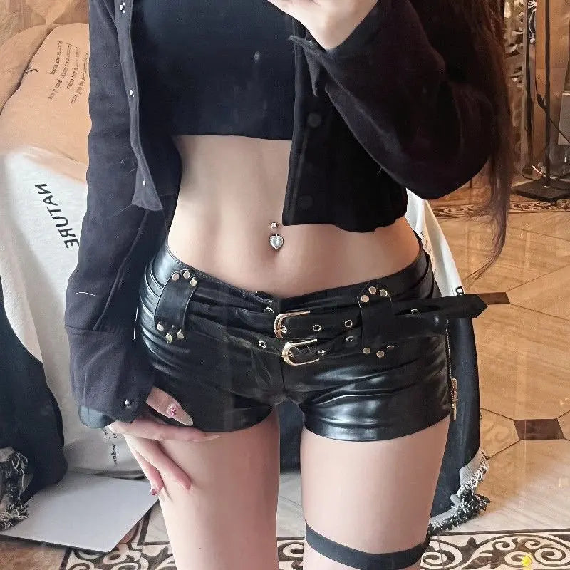 2026 New Spice Girl Y2k Retro Nightclub Sexy Low Waist Bodycon PU Leather Shorts Boots Shorts Woman