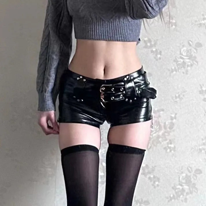 2026 New Spice Girl Y2k Retro Nightclub Sexy Low Waist Bodycon PU Leather Shorts Boots Shorts Woman