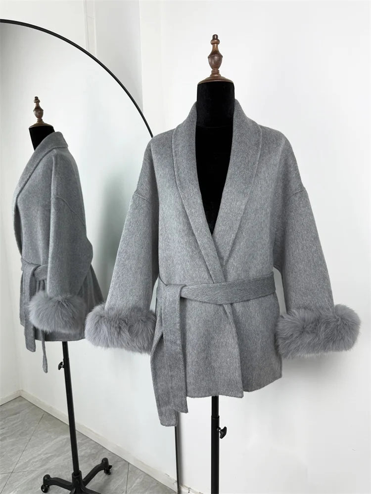 Tossy Fox Fur Wool Overcoat Women's Short Coat Office Lady Elegant Double-sided Woolen Coat 2025 New Cardigan Jackets Loose Wool