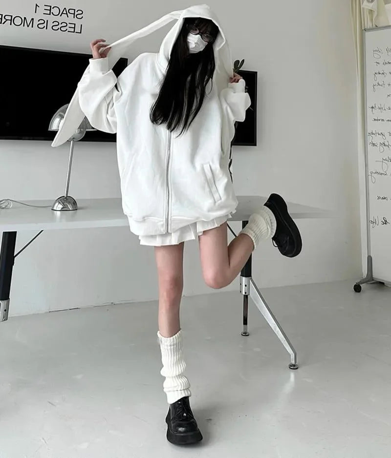 2025 Autumn Kawaii Bunny Big Extra Ears Hoodie Long Sleeve Hooded Sweatshirt Y2K Style Fashion Rabbit Oversized Zip-up Hoodies