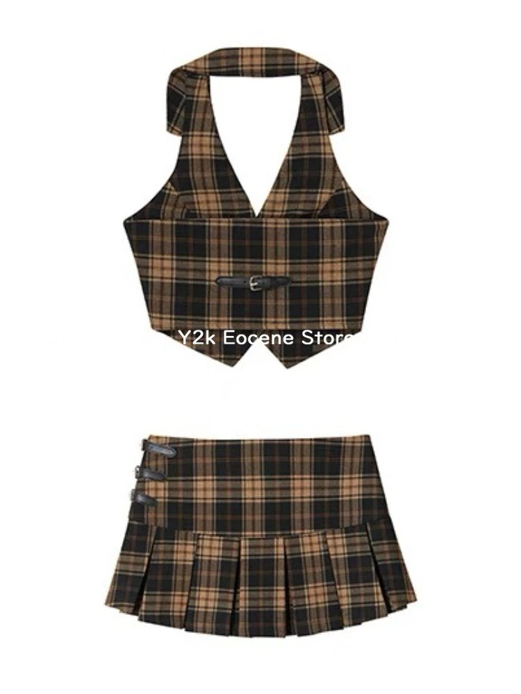 Y2K American Style Streetwear Sets Women Retro Plaid Vest Tops + High-waisted Short Skirt Suit Summer Sexy Two Piece Set 2000s