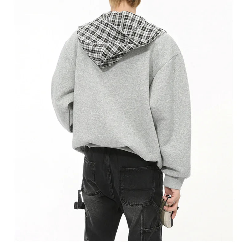 LEVIORTIN Korean Style Men's Hoodies Plaid Fake Two-piece Patchwork Zipper New Trendy Male Sweatshirt Personalized Autumn Tops