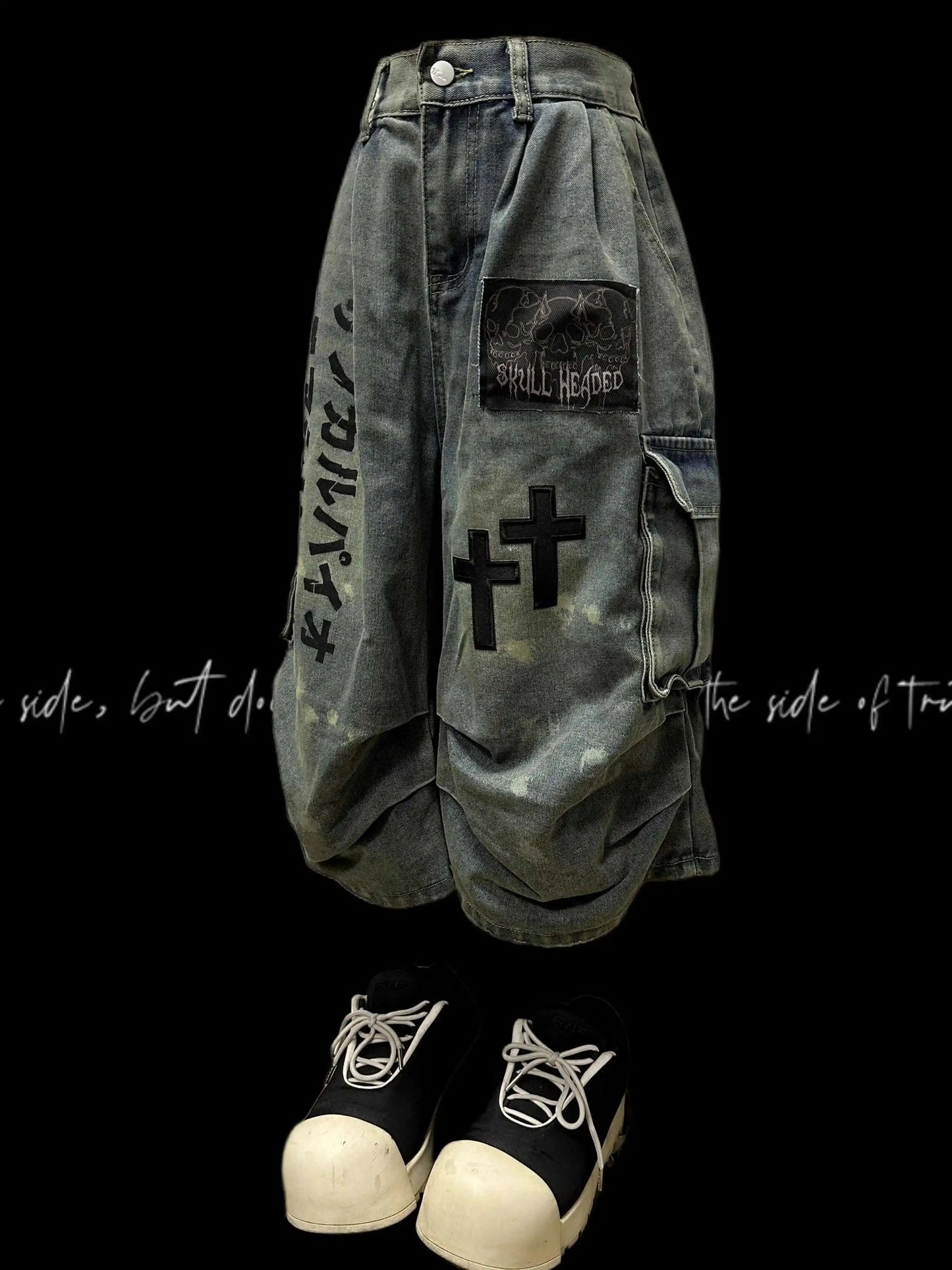 Gothic Punk Women Dark Seven Part Crop Jeans For Men And Women Summer Wasteland Style Wrinkled Patchwork Wide Leg Pants