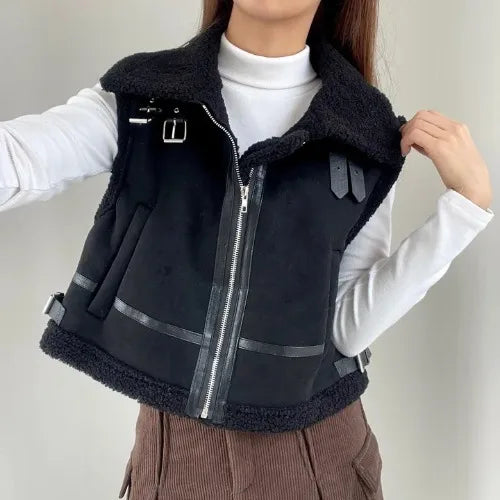 Women's Suede Vest Jaet Winter New Korean Version Retro Collar Fur Inteated Loose Match All Lapel Zipper Closure  Color