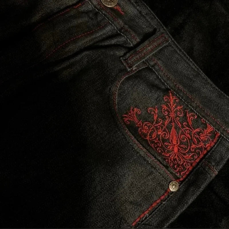 American Retro Y2K High Street Gothic Embroidered Men Black Red Pattern High Waist Jeans Street Couple Casual Pants