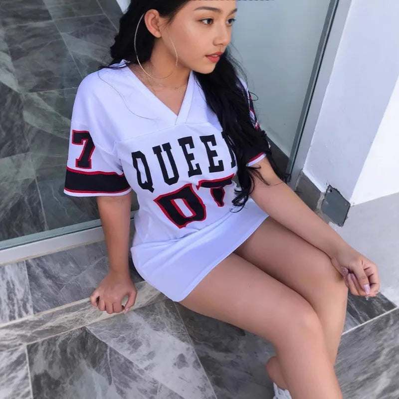 2026 New Fashion V-Neck Queen Letters Print Dress Short Sleeve Basketball Sporty Style Sexy Loose Female Clothing Streetwear