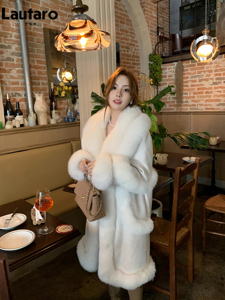 Lautaro Autumn Winter Luxury Thick Warm Long Faux Suede Patchwork Faux Fur Coat Women with Fake Fox Fur Trim Fluffy Overcoat