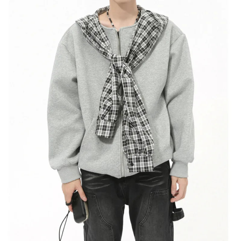LEVIORTIN Korean Style Men's Hoodies Plaid Fake Two-piece Patchwork Zipper New Trendy Male Sweatshirt Personalized Autumn Tops
