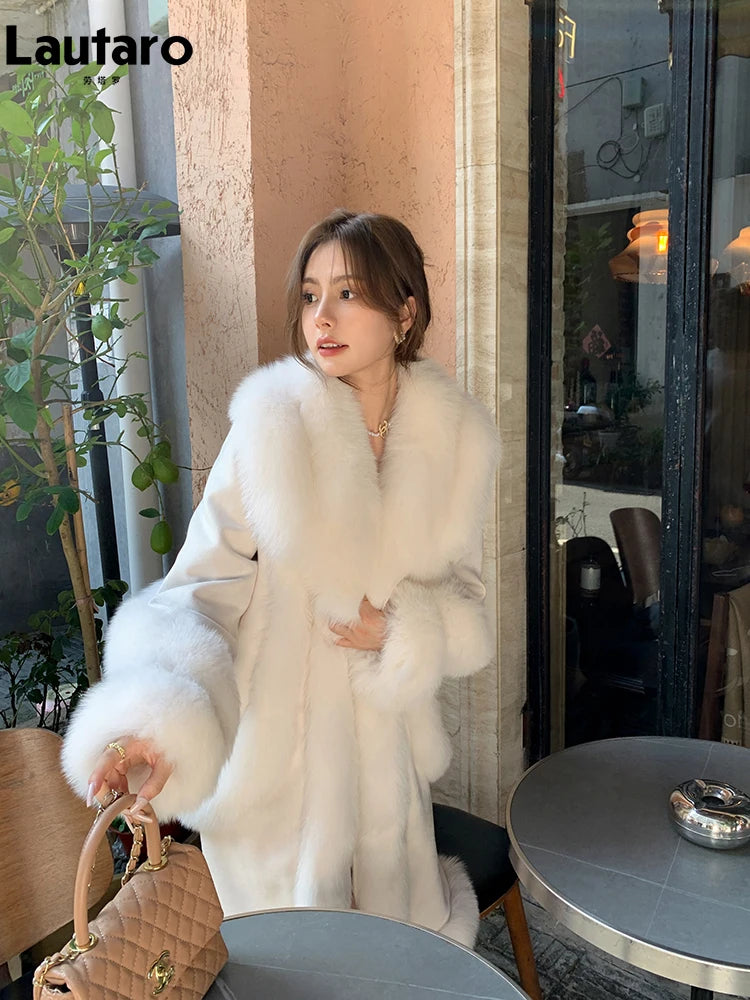 Lautaro Autumn Winter Luxury Thick Warm Long Faux Suede Patchwork Faux Fur Coat Women with Fake Fox Fur Trim Fluffy Overcoat