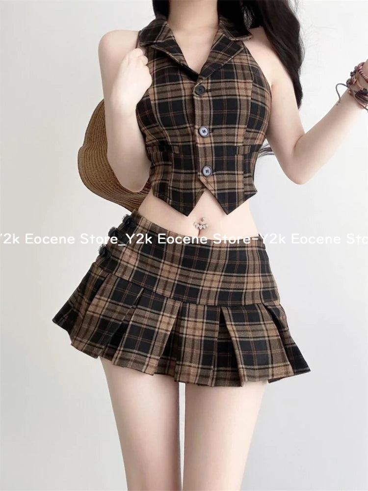 Y2K American Style Streetwear Sets Women Retro Plaid Vest Tops + High-waisted Short Skirt Suit Summer Sexy Two Piece Set 2000s