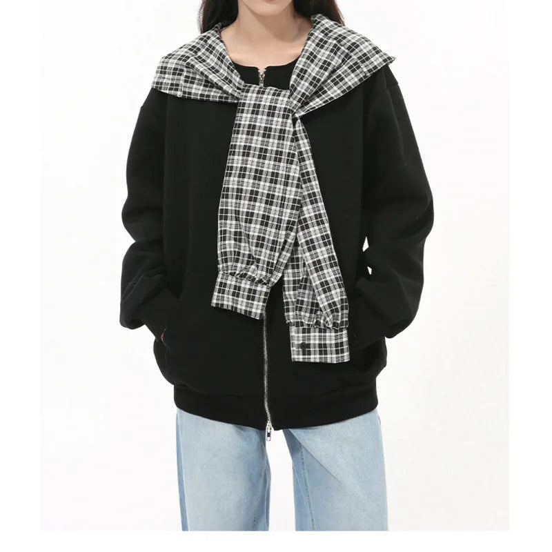 LEVIORTIN Korean Style Men's Hoodies Plaid Fake Two-piece Patchwork Zipper New Trendy Male Sweatshirt Personalized Autumn Tops