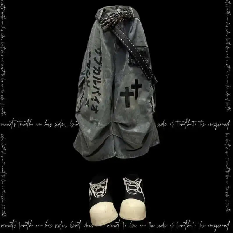 Gothic Punk Women Dark Seven Part Crop Jeans For Men And Women Summer Wasteland Style Wrinkled Patchwork Wide Leg Pants