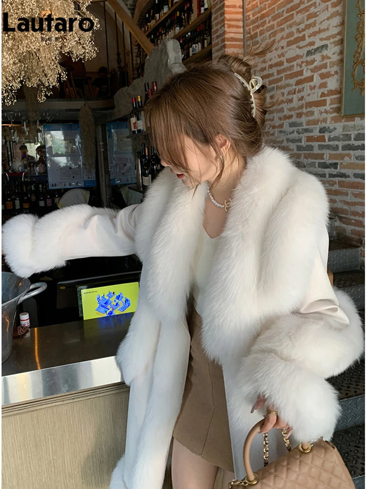 Lautaro Autumn Winter Luxury Thick Warm Long Faux Suede Patchwork Faux Fur Coat Women with Fake Fox Fur Trim Fluffy Overcoat