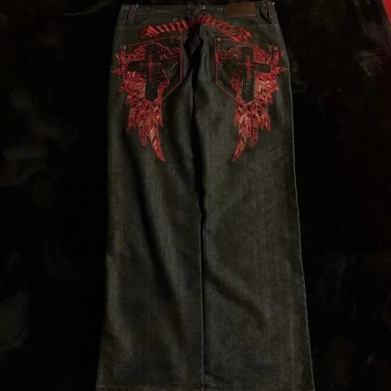 American Retro Y2K High Street Gothic Embroidered Men Black Red Pattern High Waist Jeans Street Couple Casual Pants