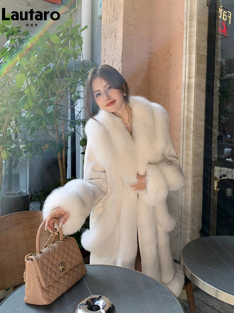 Lautaro Autumn Winter Luxury Thick Warm Long Faux Suede Patchwork Faux Fur Coat Women with Fake Fox Fur Trim Fluffy Overcoat