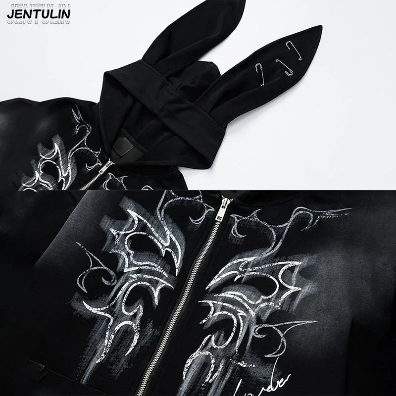 Harajuku Men Y2k Women Dark Subculture Rabbit Ear Hooded Jacket Thorny Butterfly Print Rivet Gradient Loose Hoodie Unisex