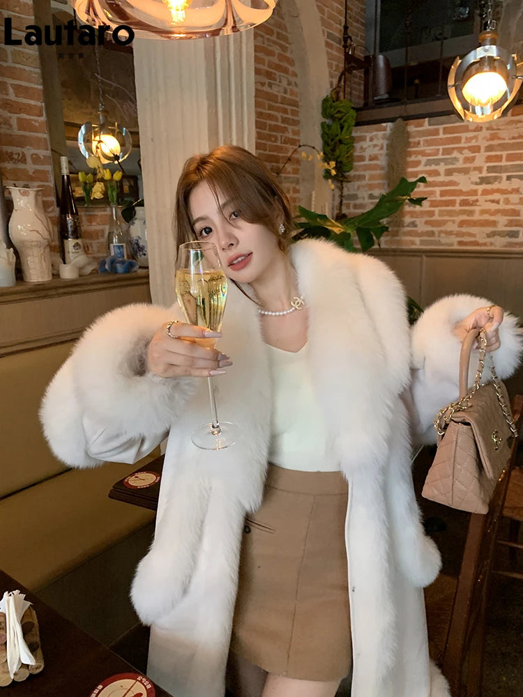 Lautaro Autumn Winter Luxury Thick Warm Long Faux Suede Patchwork Faux Fur Coat Women with Fake Fox Fur Trim Fluffy Overcoat