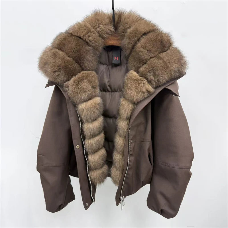 Winter 2025 Women's Fox Fur Collar Hooded down Jacket Y2K High Quality Short Fashion Casual Loose Versatile Warm Outerwear