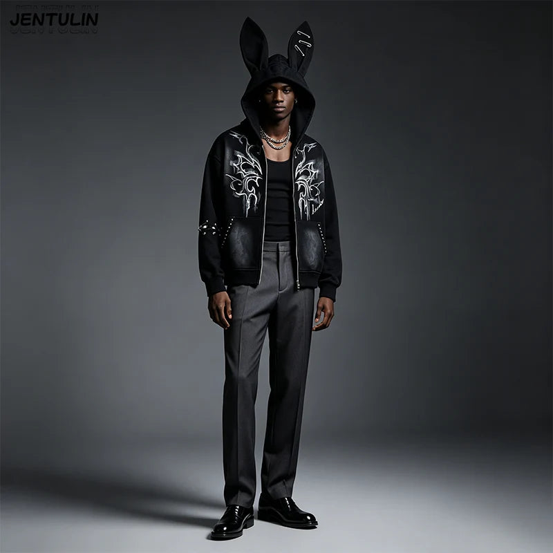 Harajuku Men Y2k Women Dark Subculture Rabbit Ear Hooded Jacket Thorny Butterfly Print Rivet Gradient Loose Hoodie Unisex
