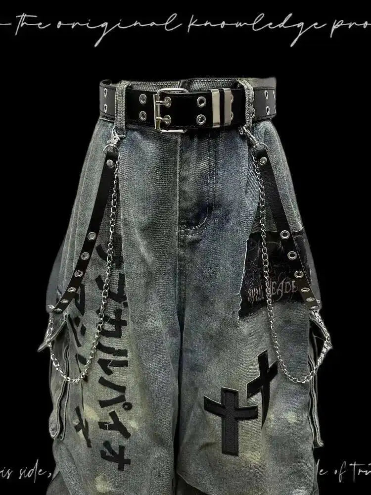 Gothic Punk Women Dark Seven Part Crop Jeans For Men And Women Summer Wasteland Style Wrinkled Patchwork Wide Leg Pants