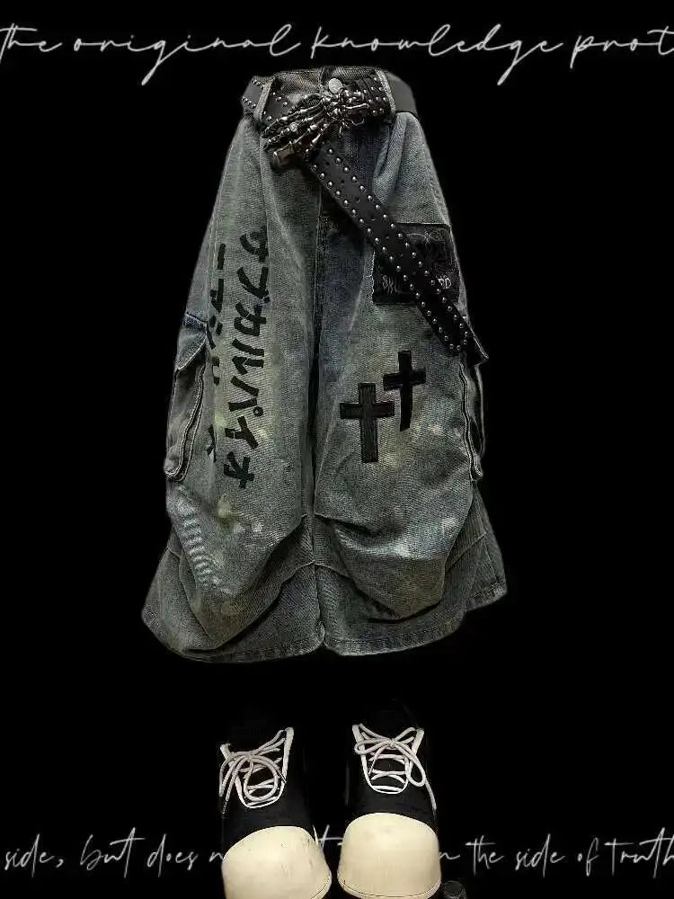 Gothic Punk Women Dark Seven Part Crop Jeans For Men And Women Summer Wasteland Style Wrinkled Patchwork Wide Leg Pants