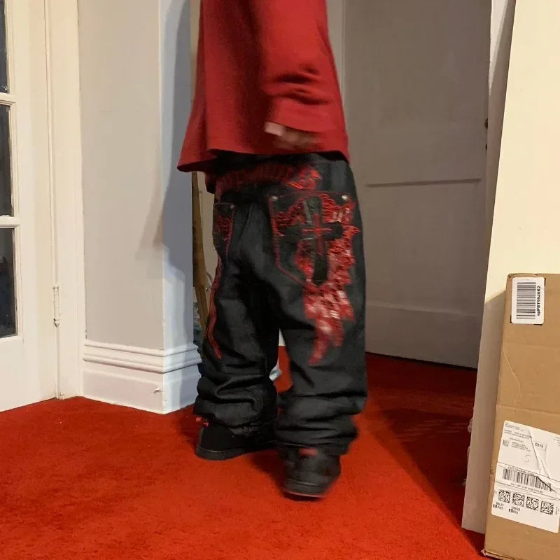 American Retro Y2K High Street Gothic Embroidered Men Black Red Pattern High Waist Jeans Street Couple Casual Pants