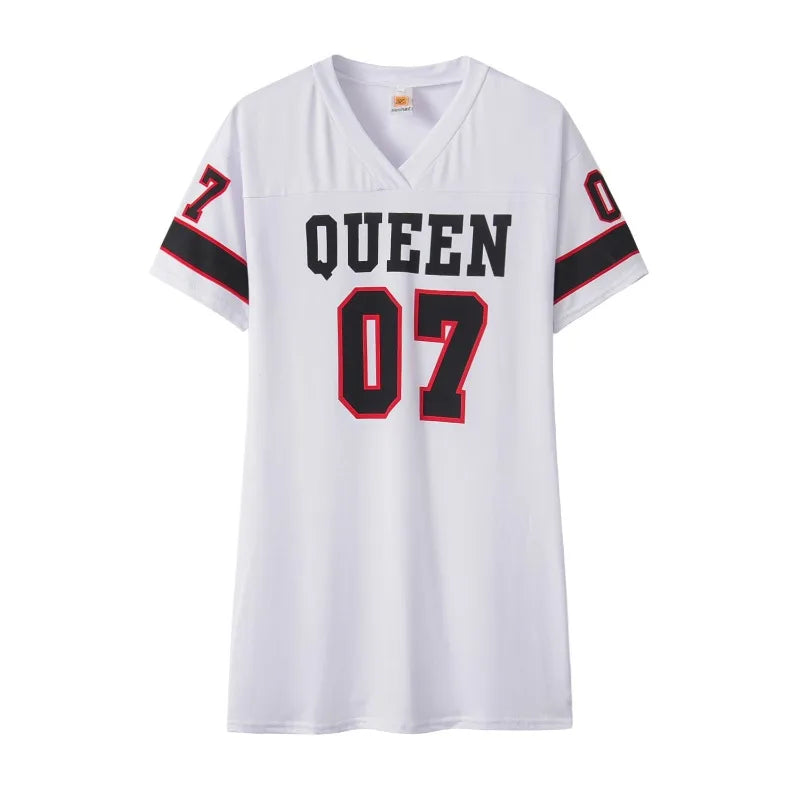 2026 New Fashion V-Neck Queen Letters Print Dress Short Sleeve Basketball Sporty Style Sexy Loose Female Clothing Streetwear