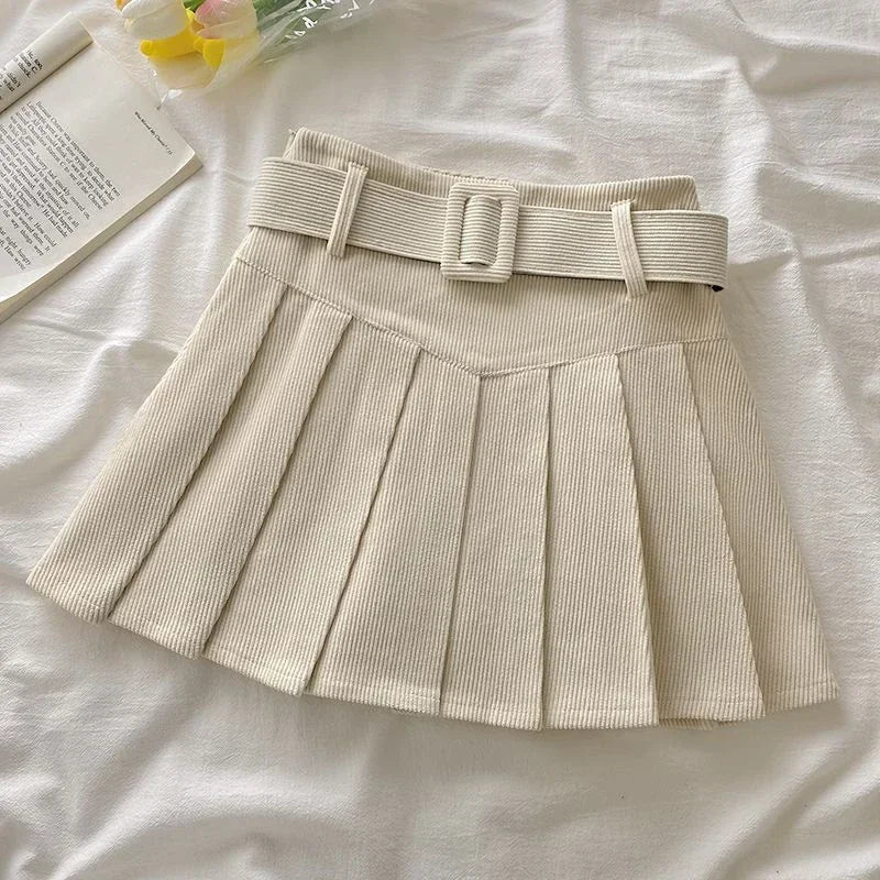 Cord Belted Pleated Skirt Texture Corduroy Box Pleat Mini Skirt with Belt Women Teen-girl Academy School Autumn Winter Outfit