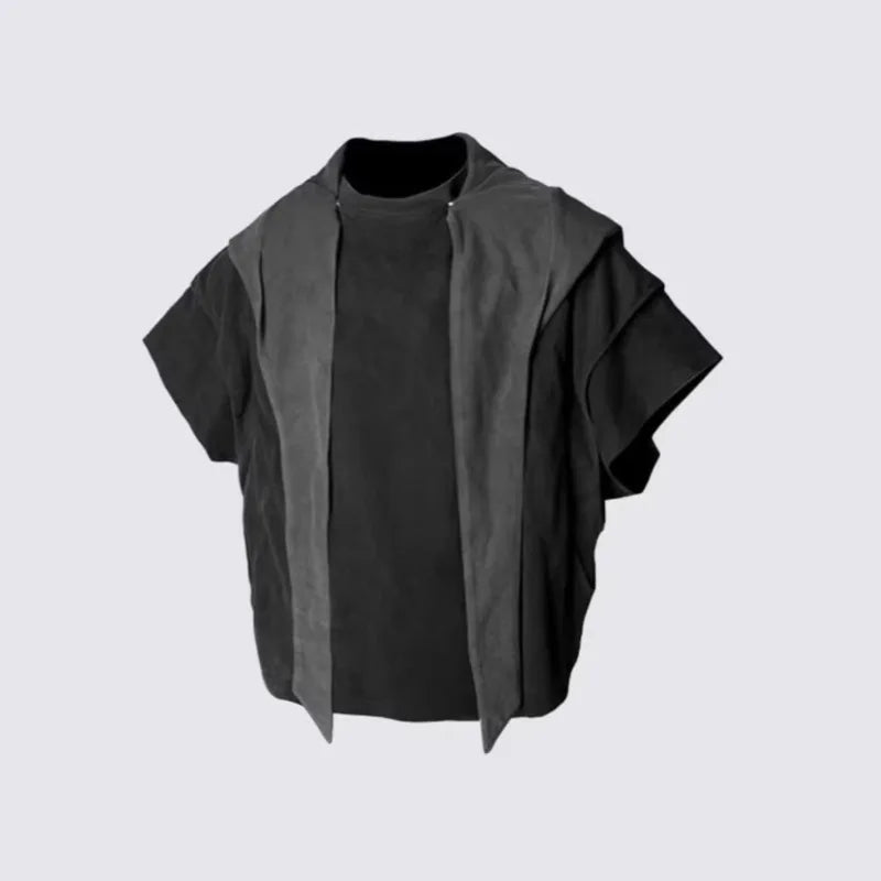 PFNW Fashionable Vintage Hooded Shawl T Shirt Men's Patchwork Loose Short Sleeve Tops 2026 Summer New 28L2329