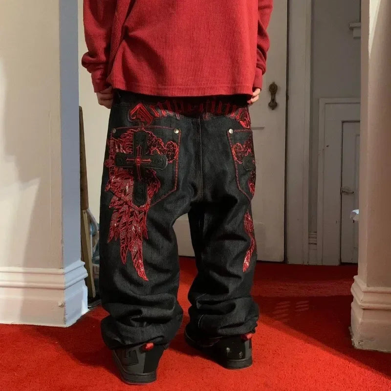 American Retro Y2K High Street Gothic Embroidered Men Black Red Pattern High Waist Jeans Street Couple Casual Pants