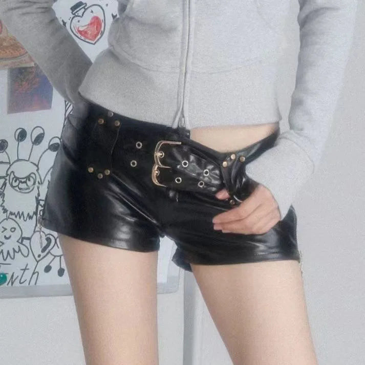 2026 New Spice Girl Y2k Retro Nightclub Sexy Low Waist Bodycon PU Leather Shorts Boots Shorts Woman