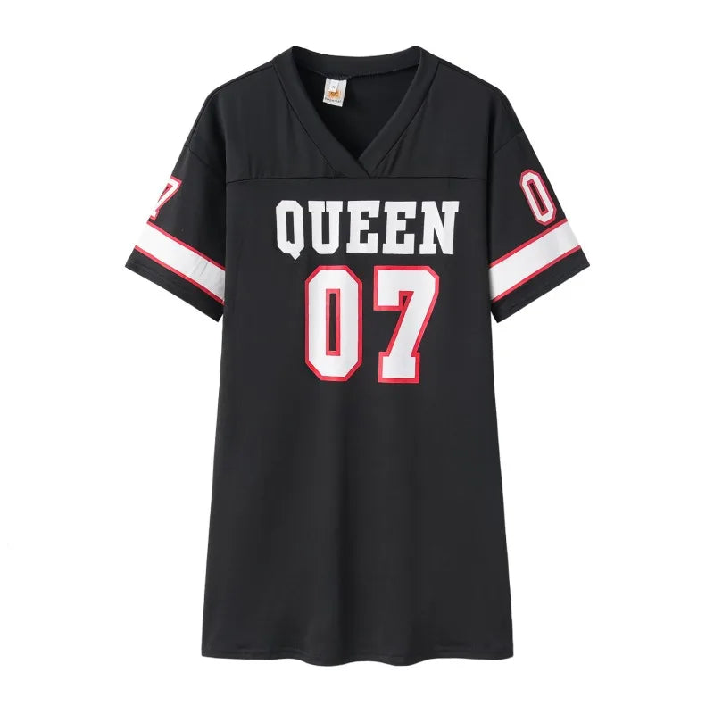 2026 New Fashion V-Neck Queen Letters Print Dress Short Sleeve Basketball Sporty Style Sexy Loose Female Clothing Streetwear