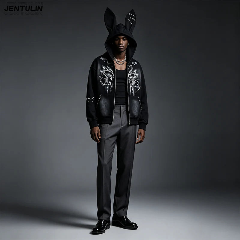 Harajuku Men Y2k Women Dark Subculture Rabbit Ear Hooded Jacket Thorny Butterfly Print Rivet Gradient Loose Hoodie Unisex